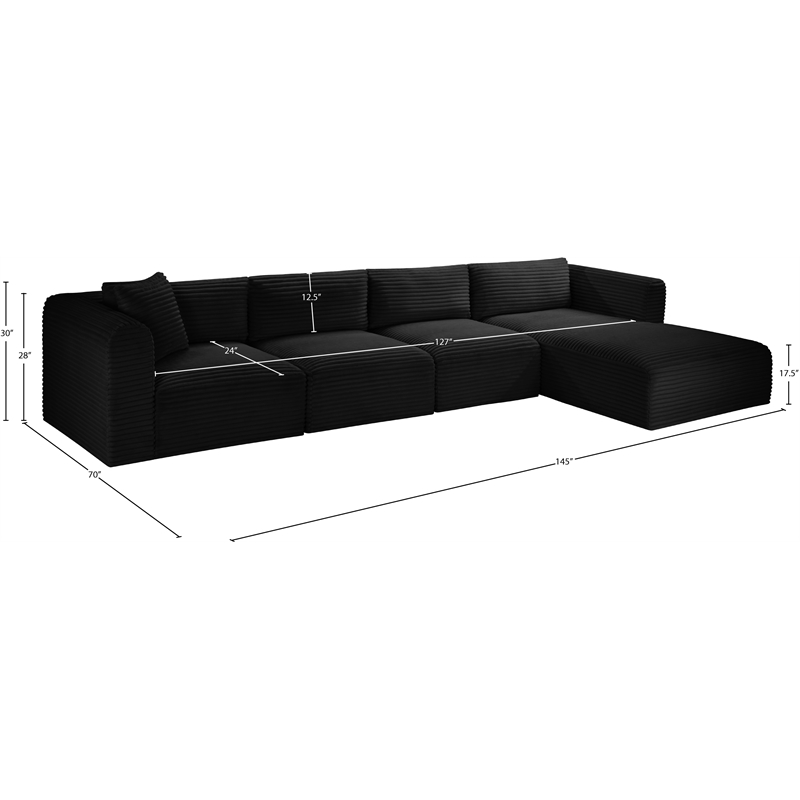Meridian Furniture 4-Piece Black Corduroy Performance Fabric Modular Sectional