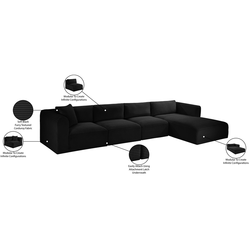 Meridian Furniture 4-Piece Black Corduroy Performance Fabric Modular Sectional