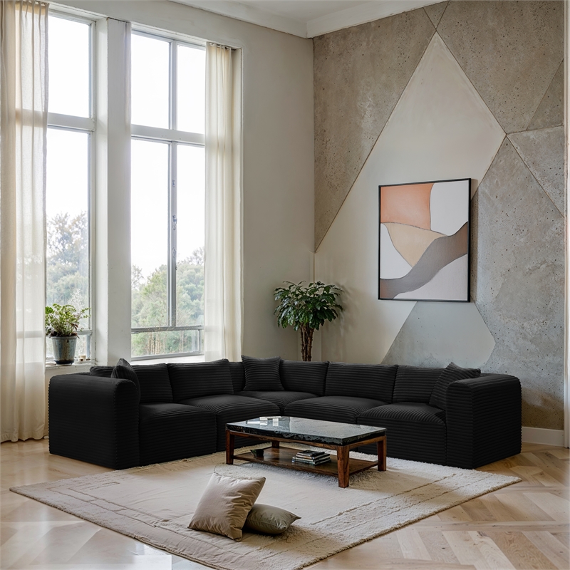 Meridian Furniture 5-Piece Black Corduroy Performance Fabric Modular Sectional
