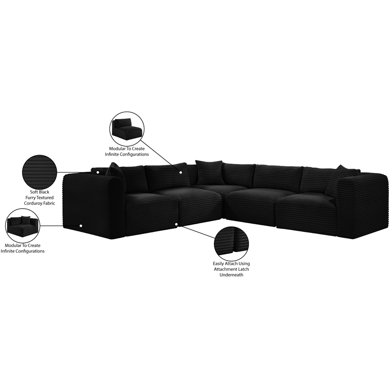 Meridian Furniture 5-Piece Black Corduroy Performance Fabric Modular Sectional