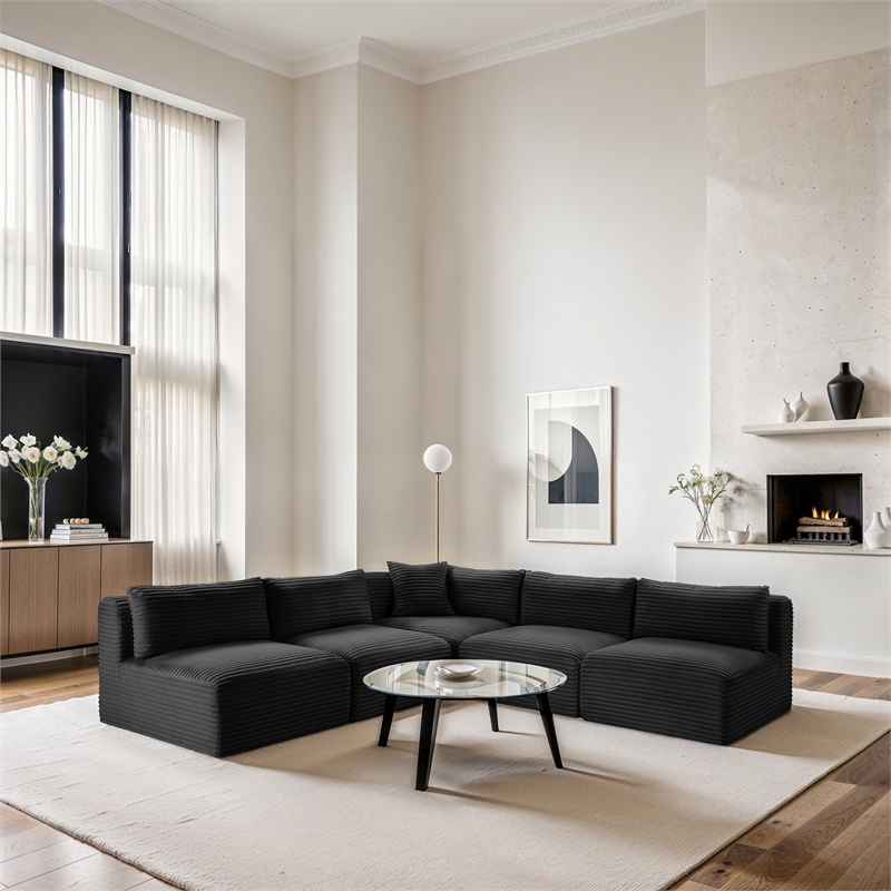 Meridian Furniture 5-Piece Black Corduroy Performance Fabric Modular Sectional