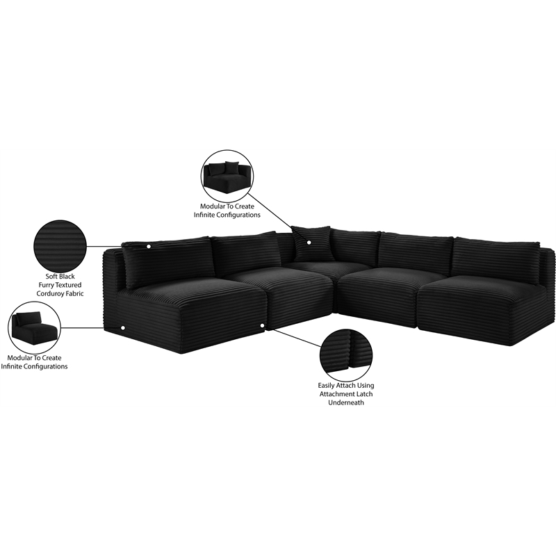 Meridian Furniture 5-Piece Black Corduroy Performance Fabric Modular Sectional