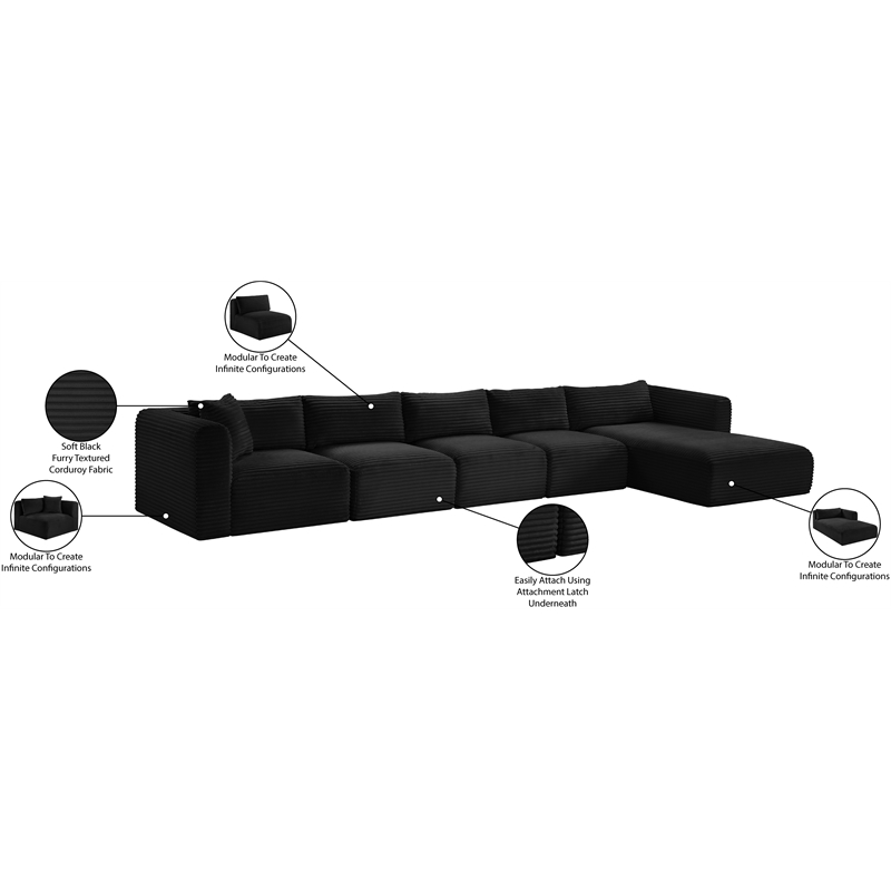 Meridian Furniture 5-Piece Black Corduroy Performance Fabric Modular Sectional