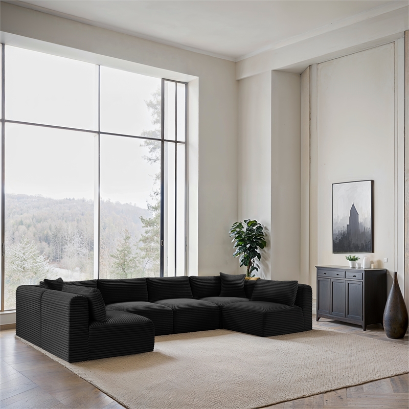 Meridian Furniture 6-Piece Black Corduroy Performance Fabric Modular Sectional