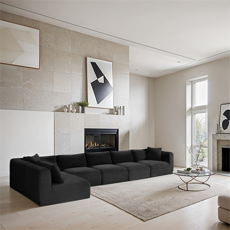 Meridian Furniture 6-Piece Black Corduroy Performance Fabric Modular Sectional