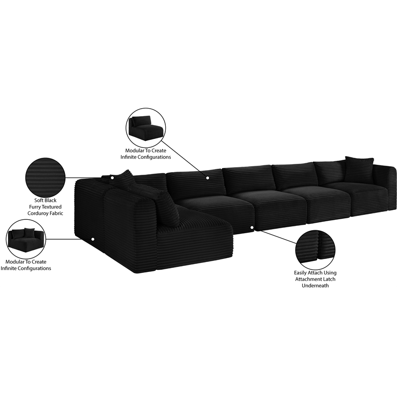 Meridian Furniture 6-Piece Black Corduroy Performance Fabric Modular Sectional