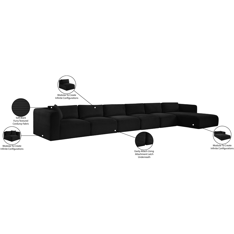 Meridian Furniture 6-Piece Black Corduroy Performance Fabric Modular Sectional