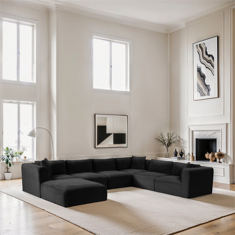 Meridian Furniture 7-Piece Black Corduroy Performance Fabric Modular Sectional