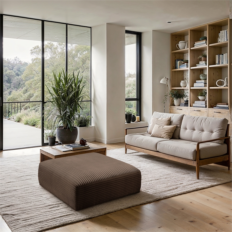 Meridian Furniture Shaggy Brown Corduroy Performance Fabric Ottoman