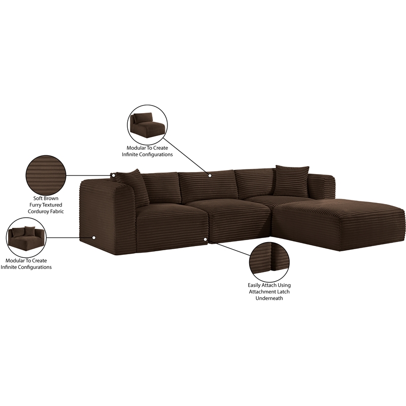 Meridian Furniture 4-Piece Brown Corduroy Performance Fabric Modular Sectional