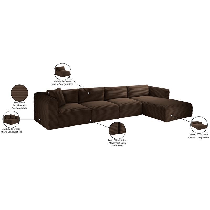 Meridian Furniture 4-Piece Brown Corduroy Performance Fabric Modular Sectional
