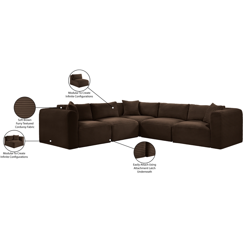Meridian Furniture 5-Piece Brown Corduroy Performance Fabric Modular Sectional