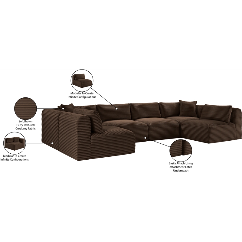 Meridian Furniture 6-Piece Brown Corduroy Performance Fabric Modular Sectional