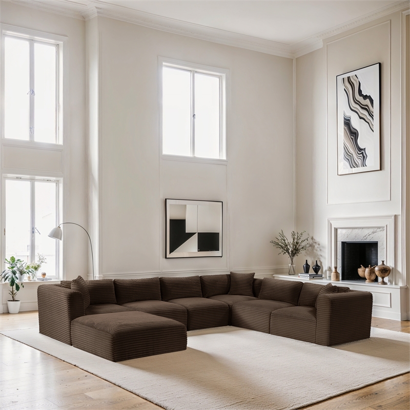 Meridian Furniture 7-Piece Brown Corduroy Performance Fabric Modular Sectional