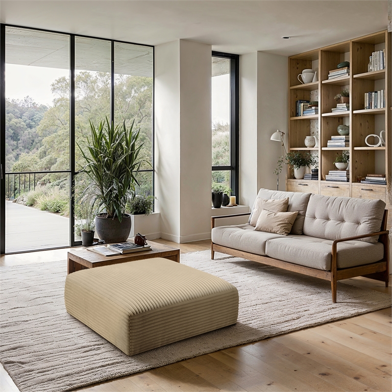 Meridian Furniture Shaggy Camel Corduroy Performance Fabric Ottoman