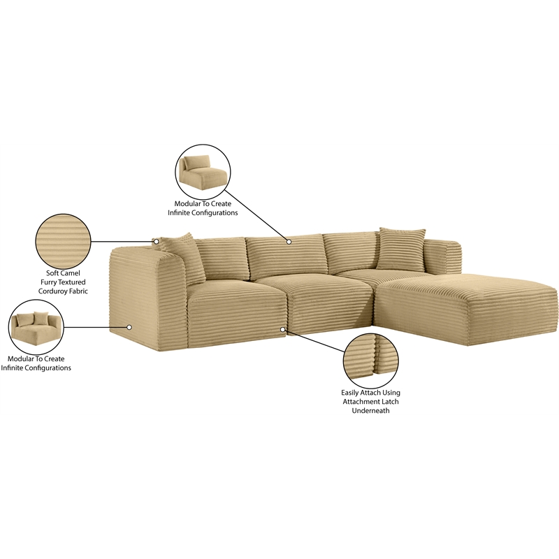 Meridian Furniture 4-Piece Camel Corduroy Performance Fabric Modular Sectional