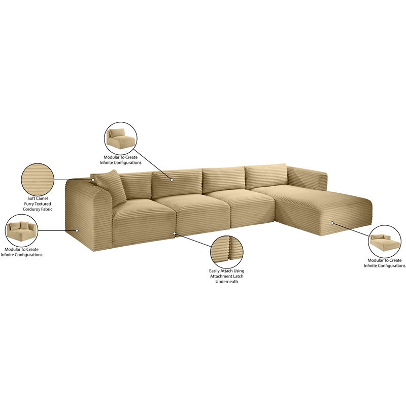 Meridian Furniture 4-Piece Camel Corduroy Performance Fabric Modular Sectional