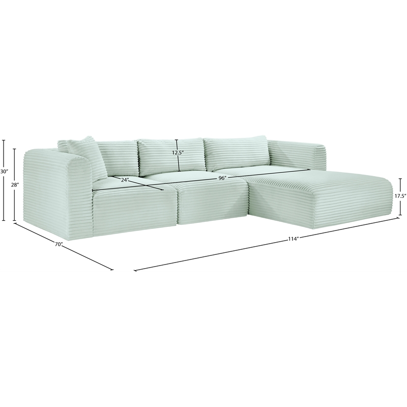 Meridian Furniture 3-Piece Mint Corduroy Performance Fabric Modular Sectional