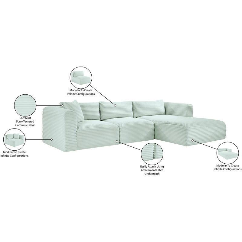 Meridian Furniture 3-Piece Mint Corduroy Performance Fabric Modular Sectional