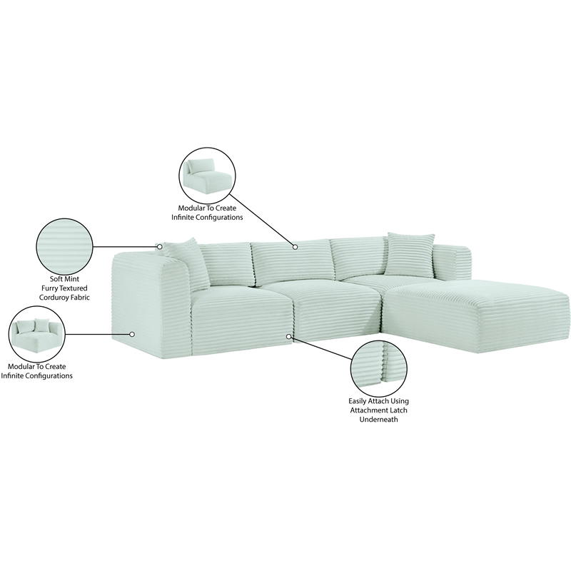 Meridian Furniture 4-Piece Mint Corduroy Performance Fabric Modular Sectional