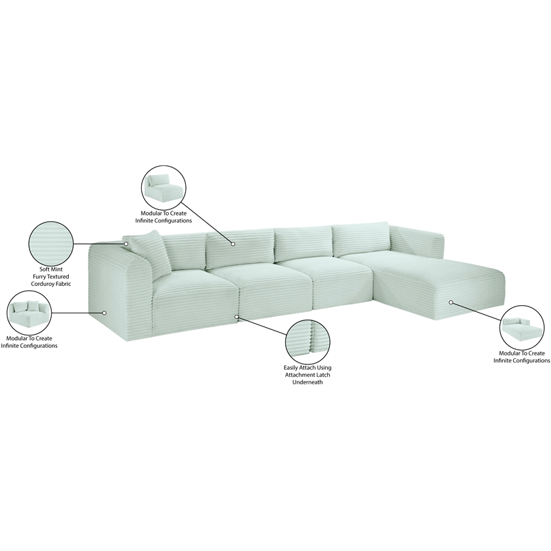 Meridian Furniture 4-Piece Mint Corduroy Performance Fabric Modular Sectional