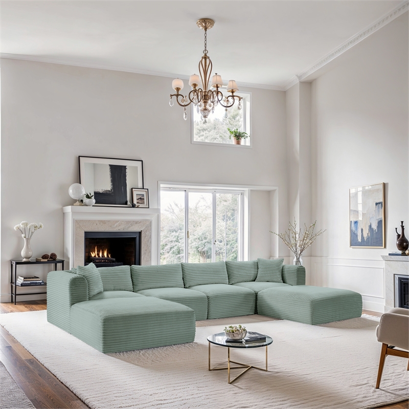 Meridian Furniture 6-Piece Mint Corduroy Performance Fabric Modular Sectional