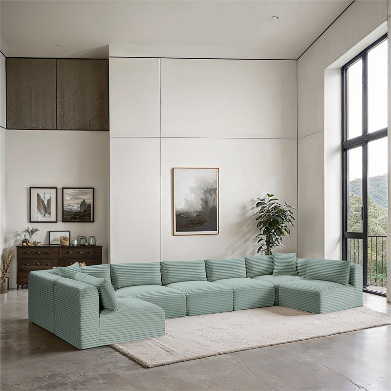 Meridian Furniture 7-Piece Mint Corduroy Performance Fabric Modular Sectional