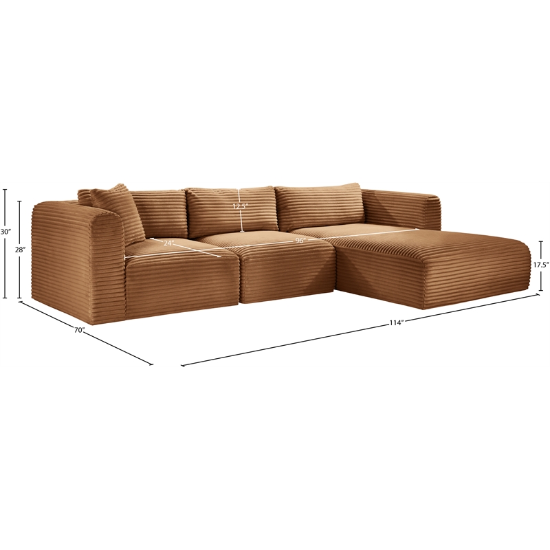 Meridian Furniture 3-Piece Saddle Corduroy Performance Fabric Modular Sectional