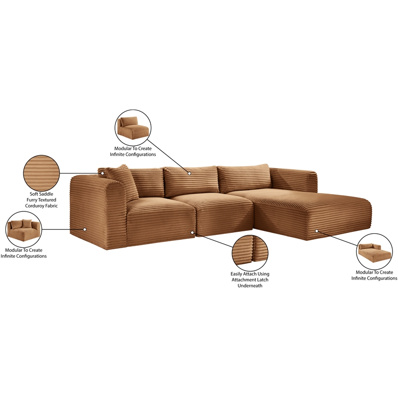 Meridian Furniture 3-Piece Saddle Corduroy Performance Fabric Modular Sectional