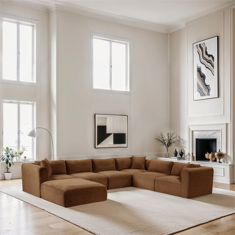 Meridian Furniture 7-Piece Saddle Corduroy Performance Fabric Modular Sectional