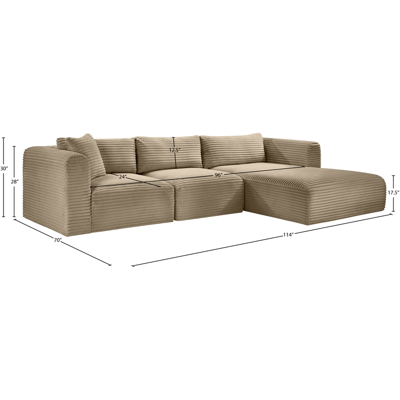 Meridian Furniture 3-Piece Taupe Corduroy Performance Fabric Modular Sectional