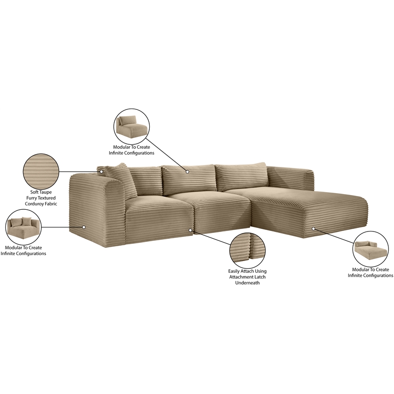 Meridian Furniture 3-Piece Taupe Corduroy Performance Fabric Modular Sectional