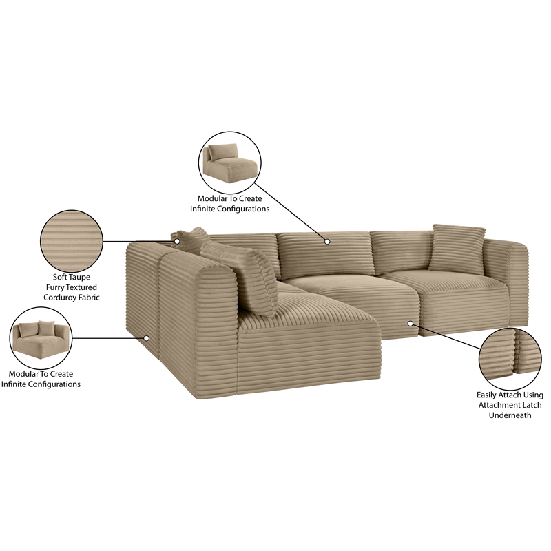 Meridian Furniture 4-Piece Taupe Corduroy Performance Fabric Modular Sectional