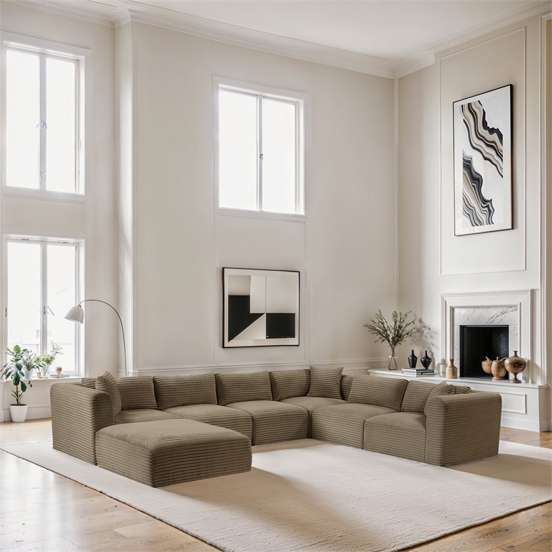 Meridian Furniture 7-Piece Taupe Corduroy Performance Fabric Modular Sectional