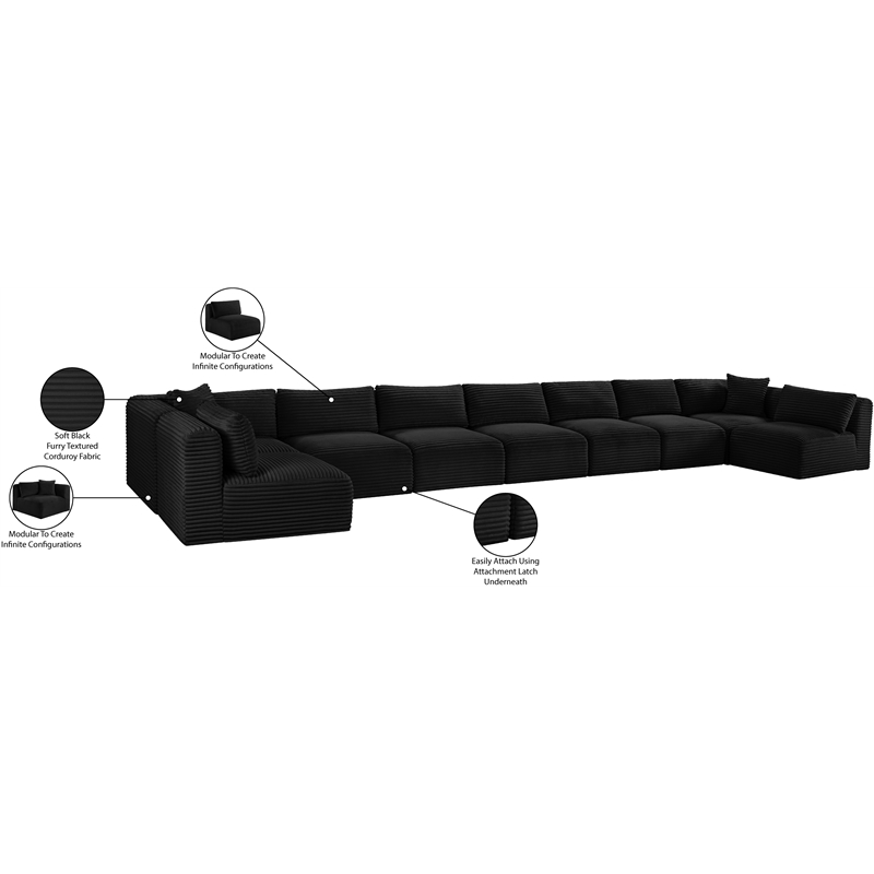 Meridian Furniture 9-Piece Black Corduroy Performance Fabric Modular Sectional