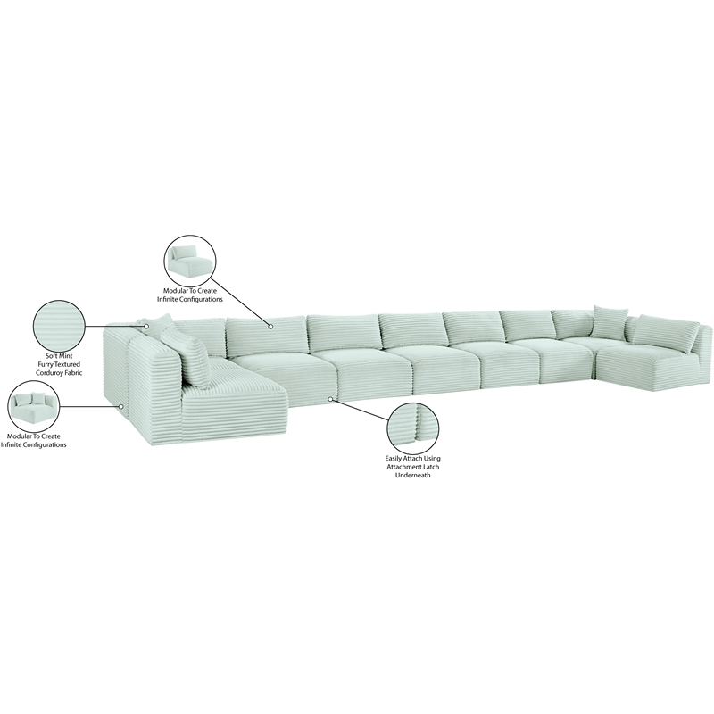 Meridian Furniture 9-Piece Mint Corduroy Performance Fabric Modular Sectional