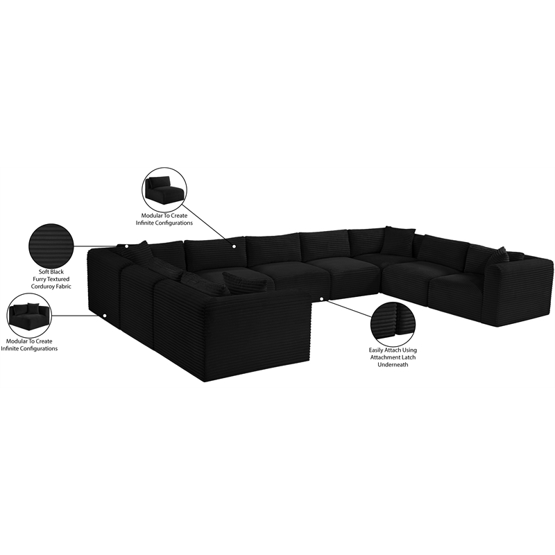 Meridian Furniture 9-Piece Black Corduroy Performance Fabric Modular Sectional
