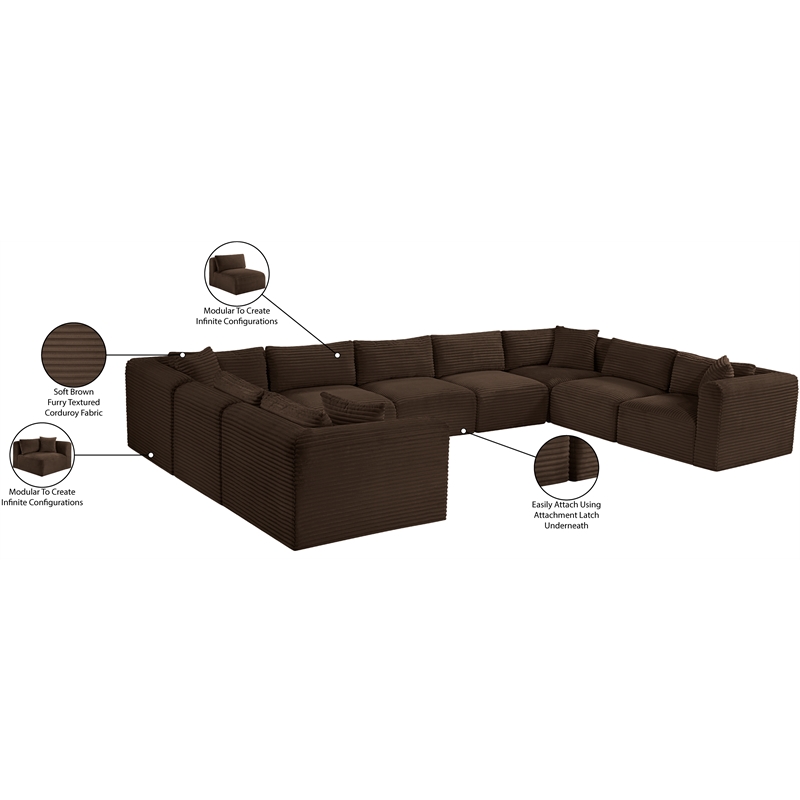 Meridian Furniture 9-Piece Brown Corduroy Performance Fabric Modular Sectional