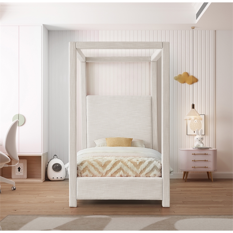 Meridian Furniture Emerson Cream Linen Textured Fabric Twin Bed