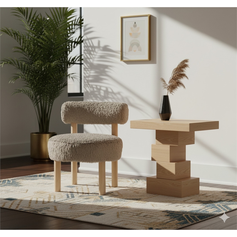 Meridian Furniture Ambre Beige Vegan Shearling Fabric Upholstered Accent Chair
