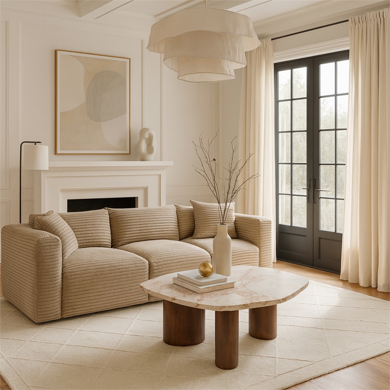 Meridian Furniture Puglia Cream Marble Top And Oak Wood Base Coffee Table