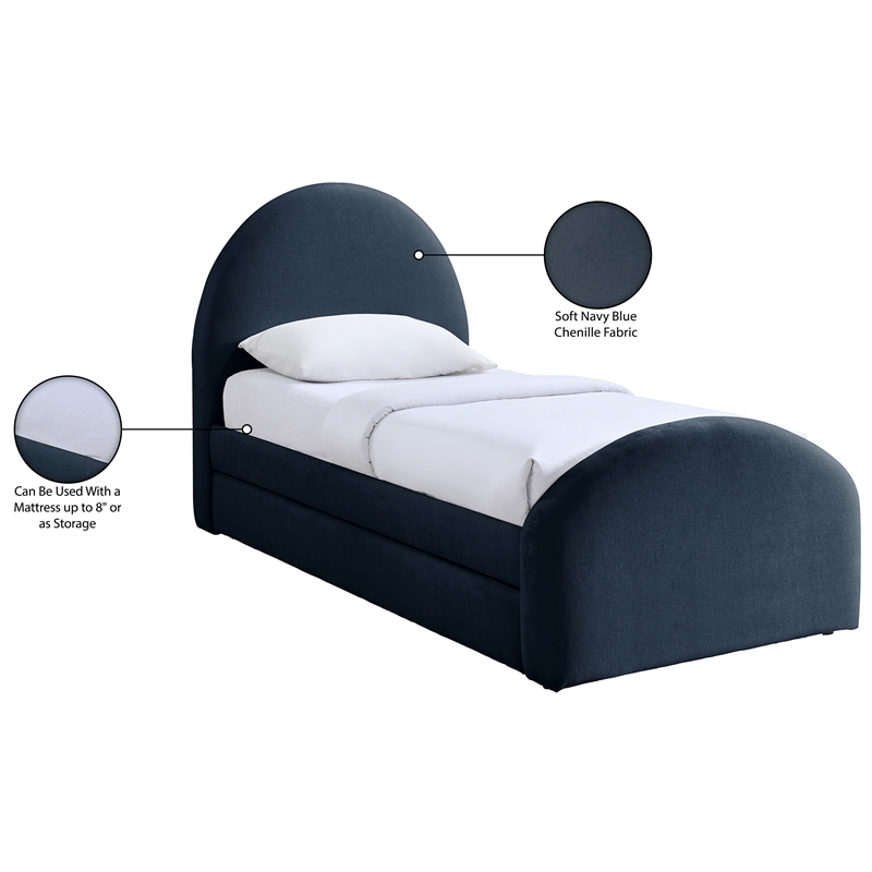 Meridian Furniture Andaz Navy Chenille Fabric Upholstered Twin Trundle Bed