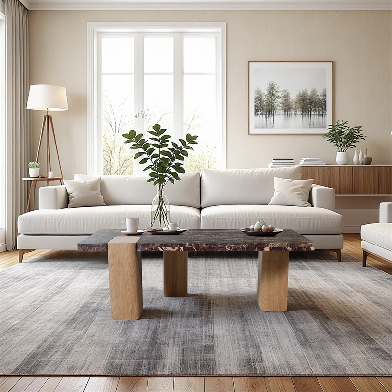 Meridian Furniture Ravenna Burgundy Marble Top And Oak Wood Base Coffee Table