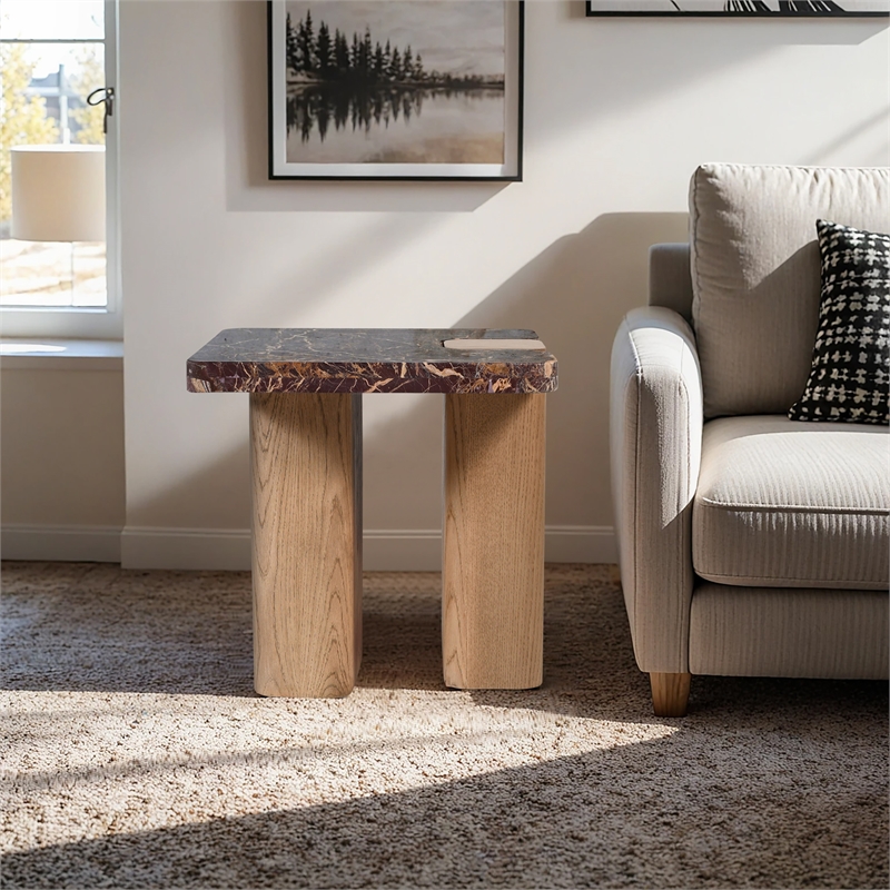 Meridian Furniture Ravenna Burgundy Marble Top And Oak Wood Base End Table