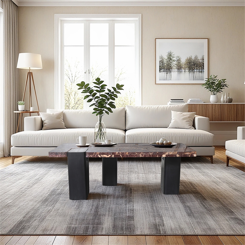 Meridian Furniture Ravenna Burgundy Marble Top And Oak Wood Base Coffee Table