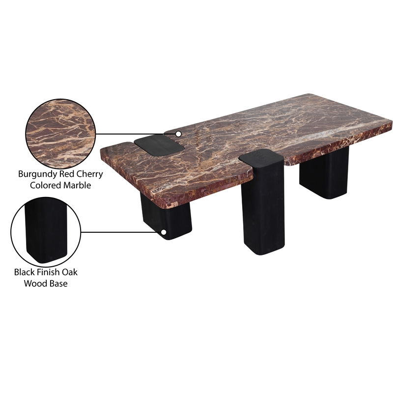 Meridian Furniture Ravenna Burgundy Marble Top And Oak Wood Base Coffee Table