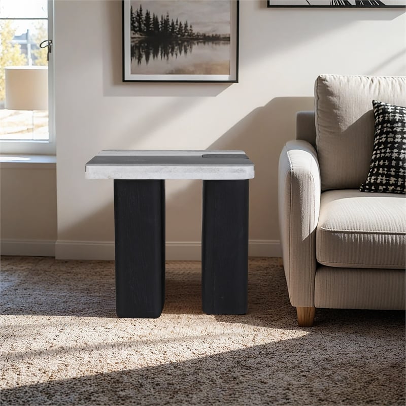 Meridian Furniture Ravenna Panda Marble Top And Oak Wood Base End Table