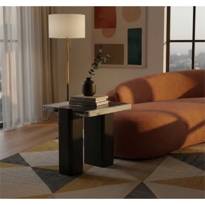 Meridian Furniture Ravenna Panda Marble Top And Oak Wood Base End Table