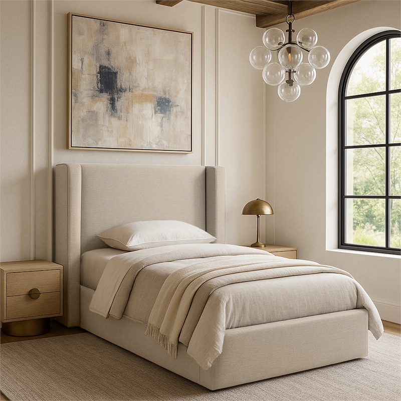 Meridian Furniture Kendall Beige Linen Textured Fabric Upholstered Twin Bed