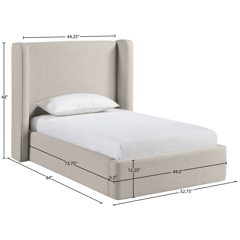 Meridian Furniture Kendall Beige Linen Textured Fabric Upholstered Twin Bed
